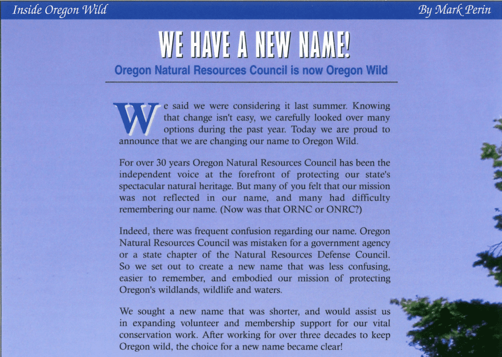 Oregon Wild name change announcement 2006